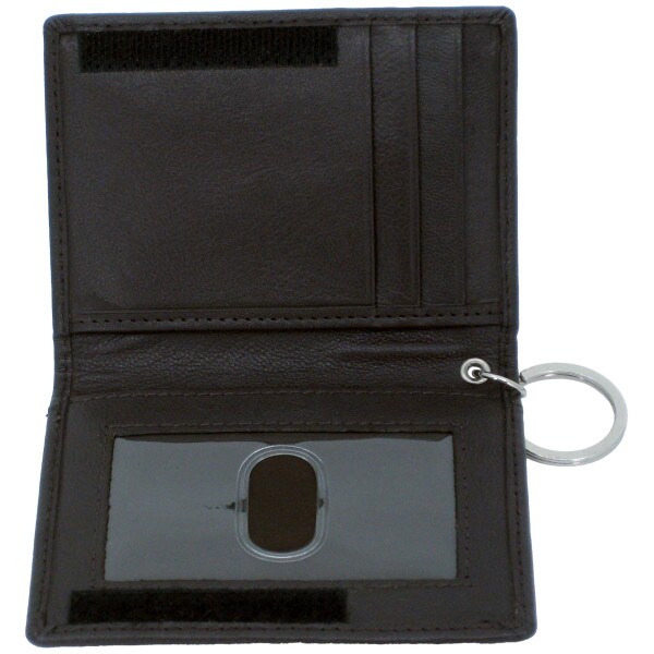 open brown leather ID holder with key ring